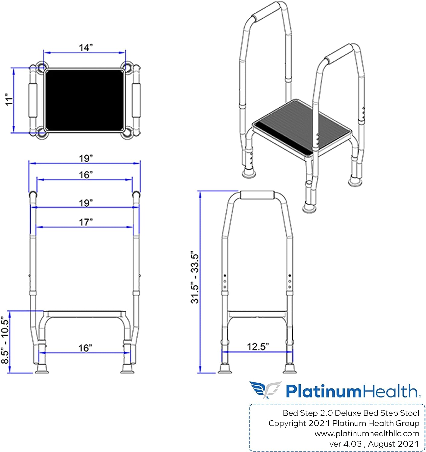 Bed Step 2.0 Adjustable Height Step Stool - 600lb Capacity