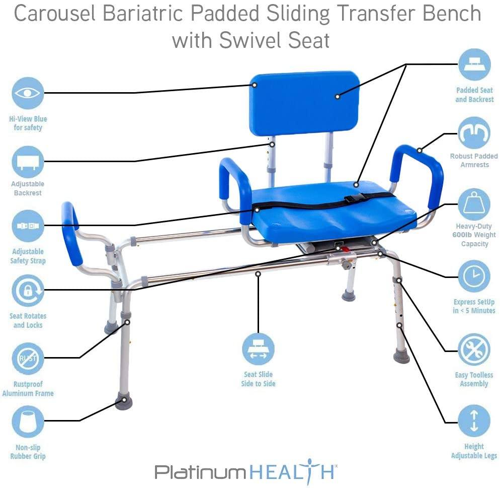 Carousel Sliding Transfer Bench with Swivel Seat-BARIATRIC 600LB Capacity.