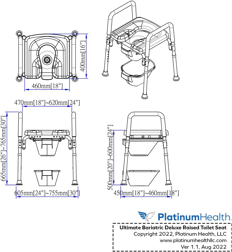 The Ultimate™ Bariatric Raised Toilet Seat, Voted#1 Most Comfortable. Padded with Armrests. Adjustable Height. 600lb.