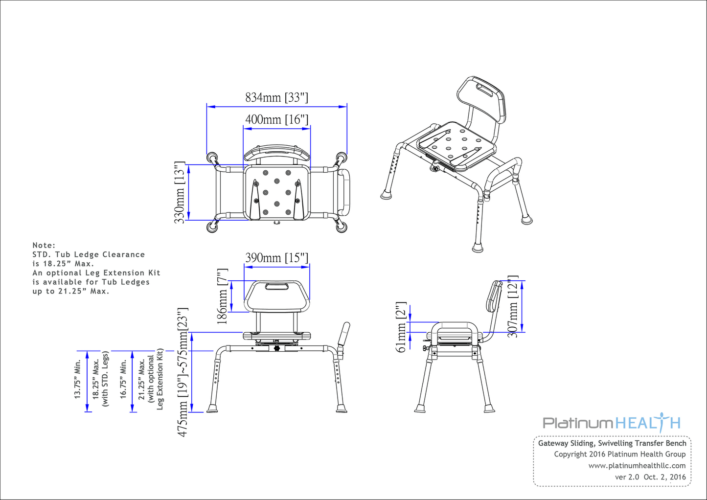 Gateway Premium Sliding Bath Transfer Bench with Swivel Seat PADDED