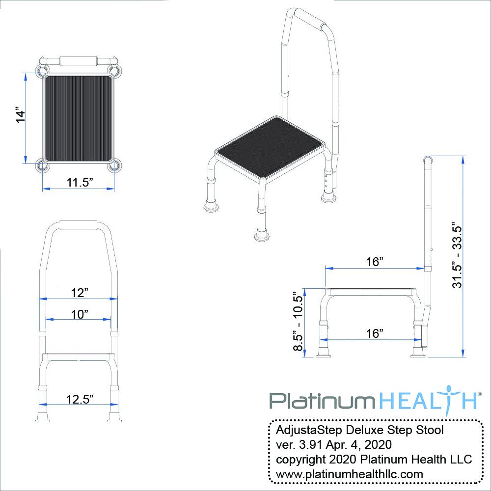 ADJUSTASTEP DELUXE STEP STOOL WITH HANDRAIL Dimensions