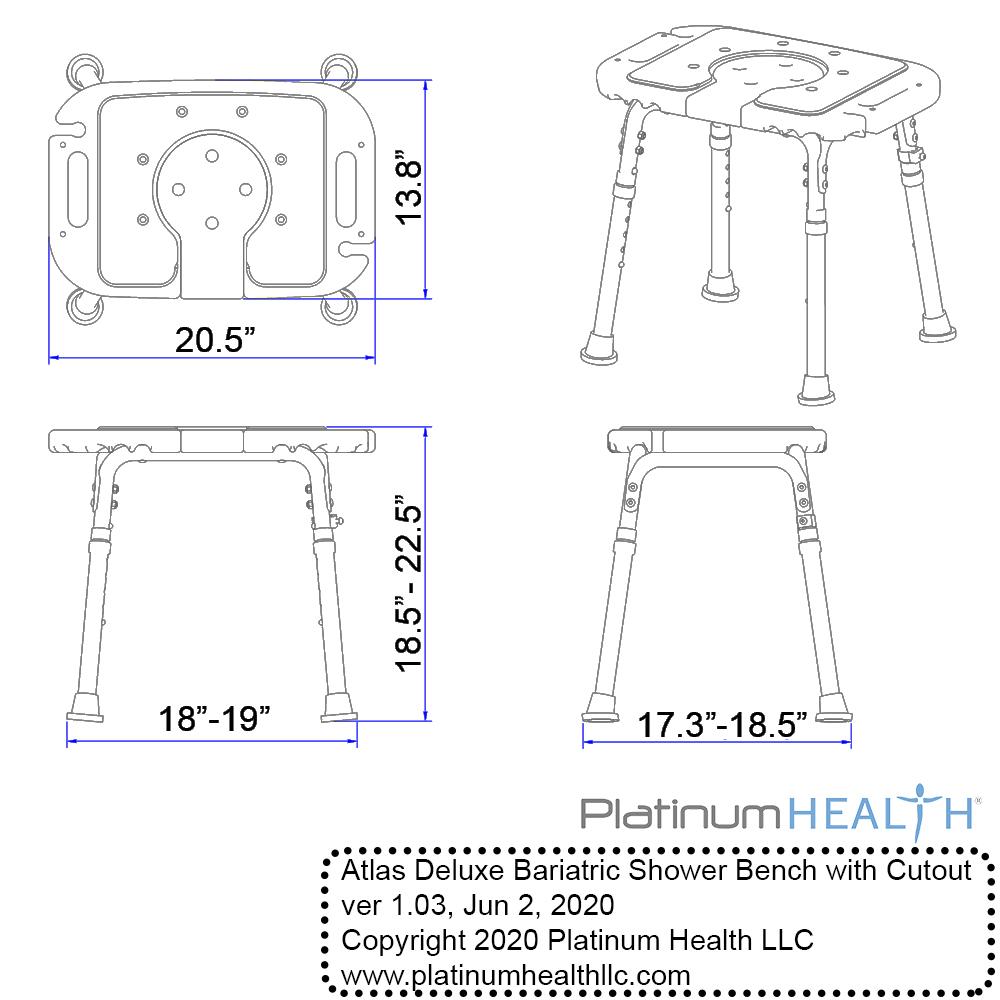 Atlas Deluxe Bariatric Shower/Bath Bench, 600lb. Capacity, Padded with Cutout and Insert. Heavy Duty Shower Chair/Stool with Adjustable Height and XL Seat
